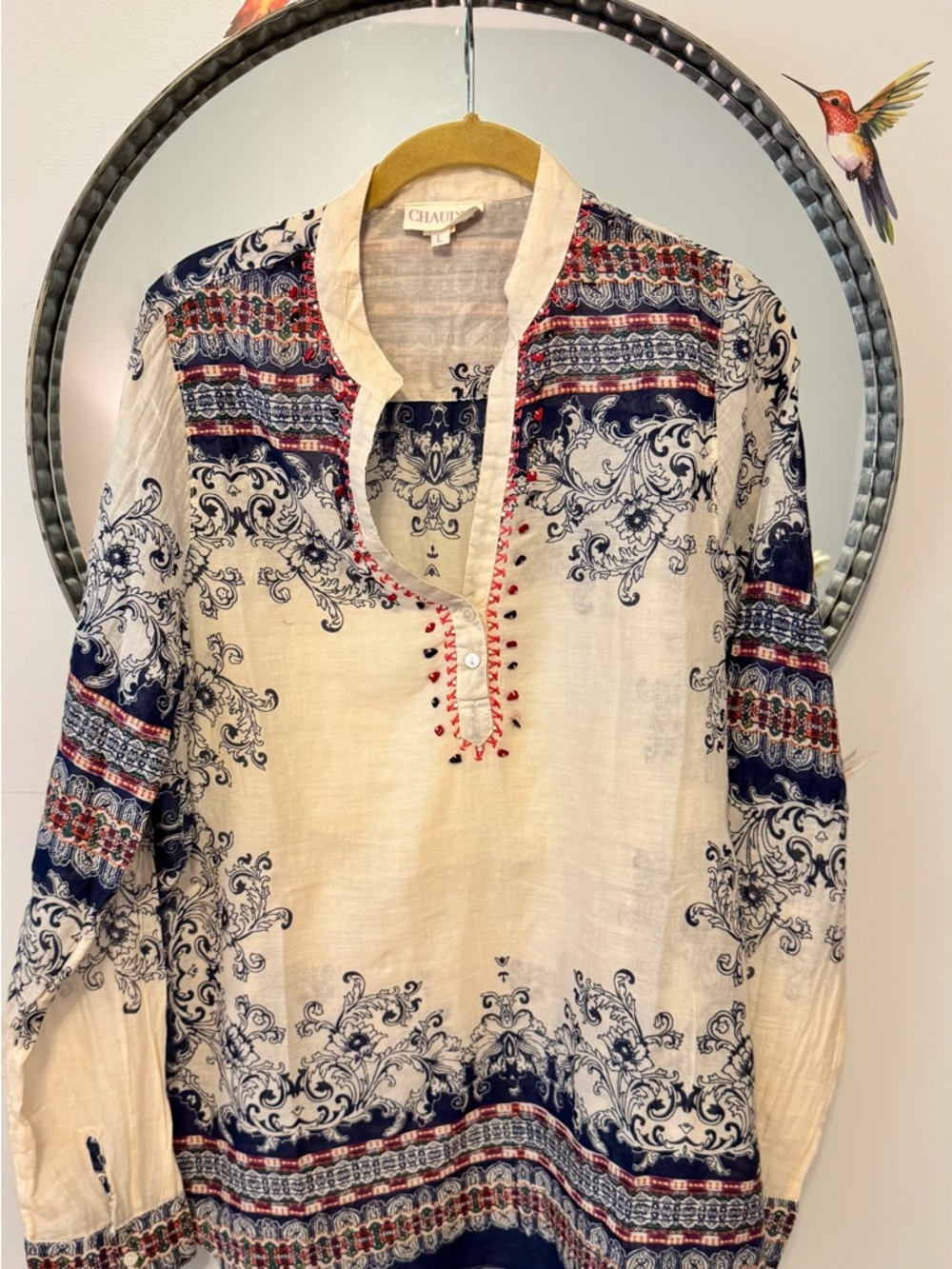100% Cotton Cream Tunic Top with Navy & Red Accents